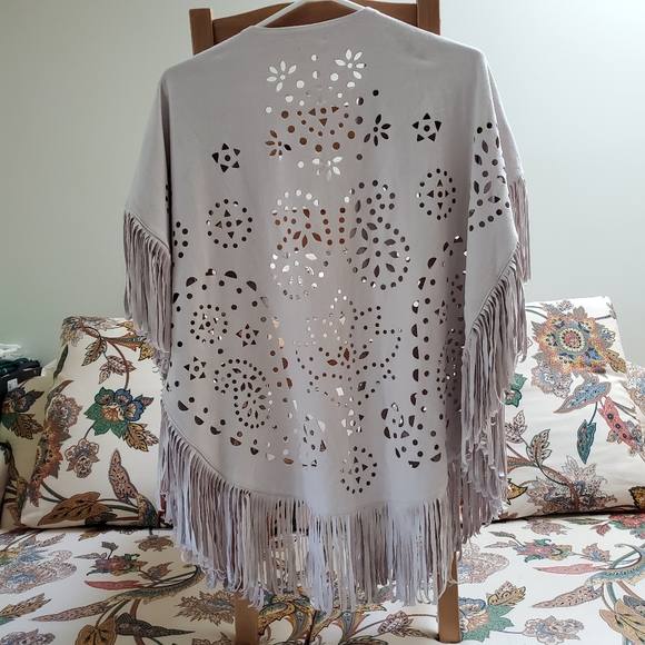 Faux Suede Fringed Wrap Poncho - Picture 2 of 4